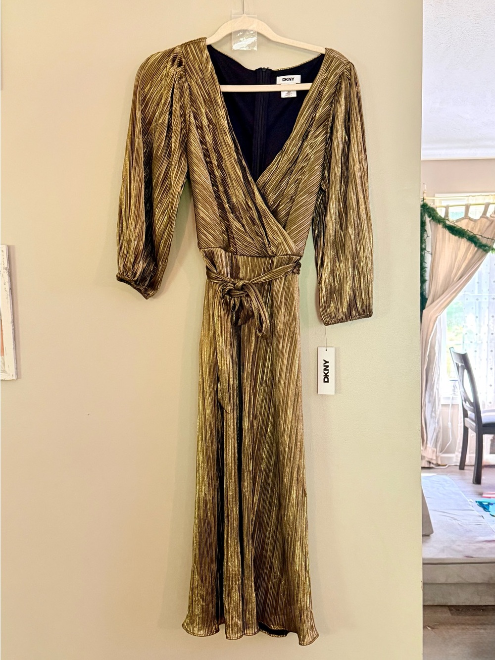 DKNY Gold Metallic Pleated Midi Wrap Dress